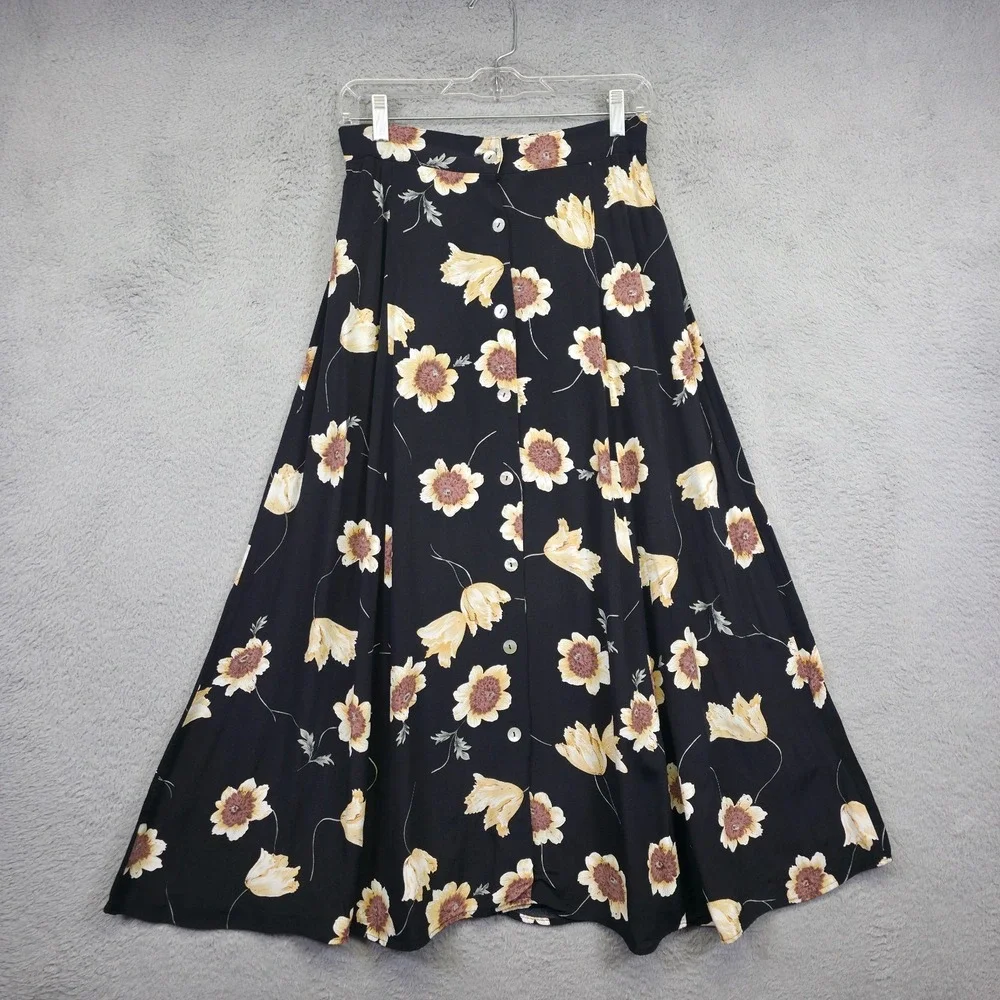 Vintage Vivoli Skirt Womens M Black Button Down Pleated Floral Cottagecore USA‎ - Picture 2 of 14